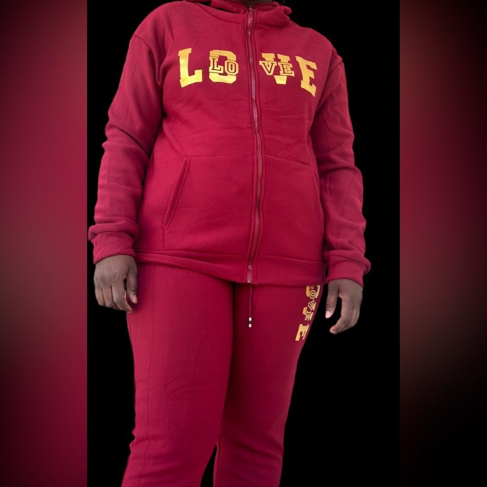 Red Hoodie and Sweatpants Set with Yellow Love Print